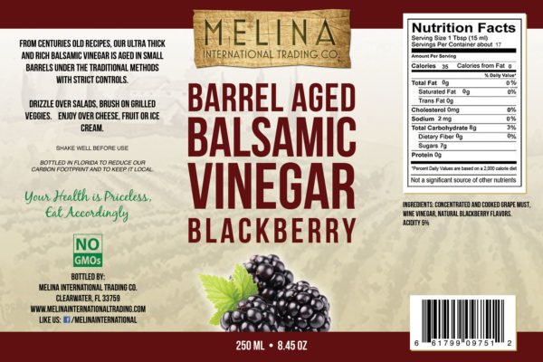 Melina Blackberry Barrel Aged Balsamic Vinegar label