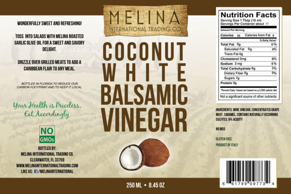 Melina Coconut White Balsamic Vinegar label
