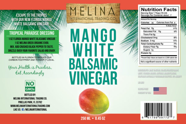 Melina Mango White Balsamic Vinegar label